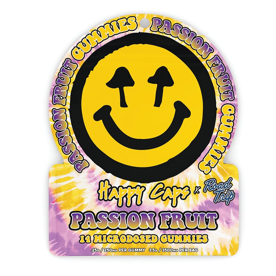 Happy Caps® x Road Trip - MICRODOSED Gummies + Functional Mushrooms - Passion Fruit Happy Caps® x Road Trip - MICRODOSED Gummies + Functional Mushrooms - Passion Fruit