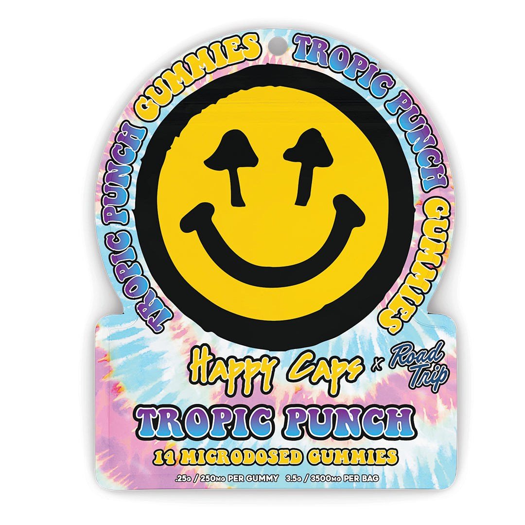 Happy Caps® x Road Trip - MICRODOSED Gummies + Functional Mushrooms - Tropic Punch Happy Caps® x Road Trip - MICRODOSED Gummies + Functional Mushrooms - Tropic Punch